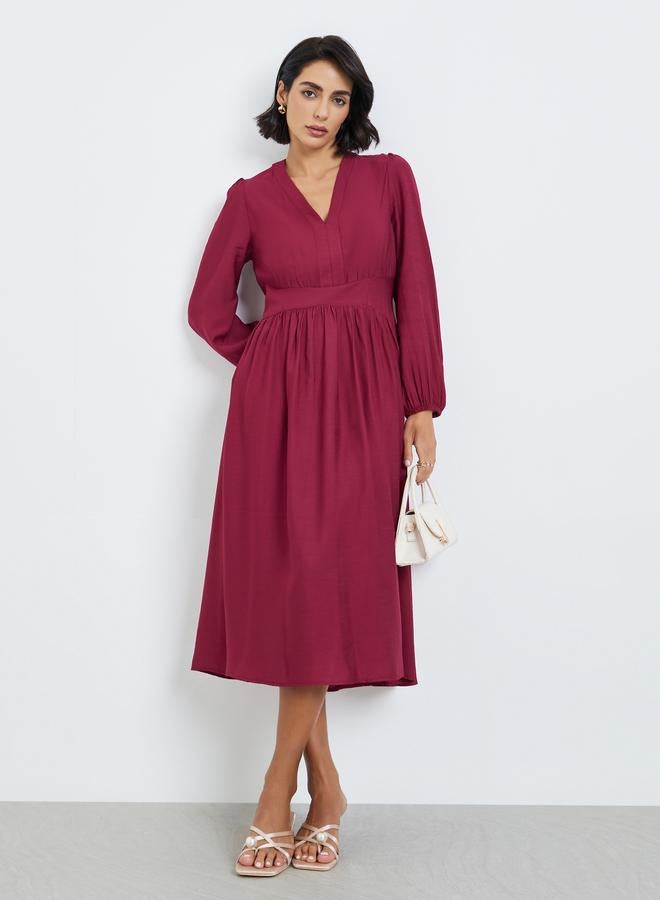 Styli Women Red Balloon Sleeves A-Line Midi Dress - Image 5